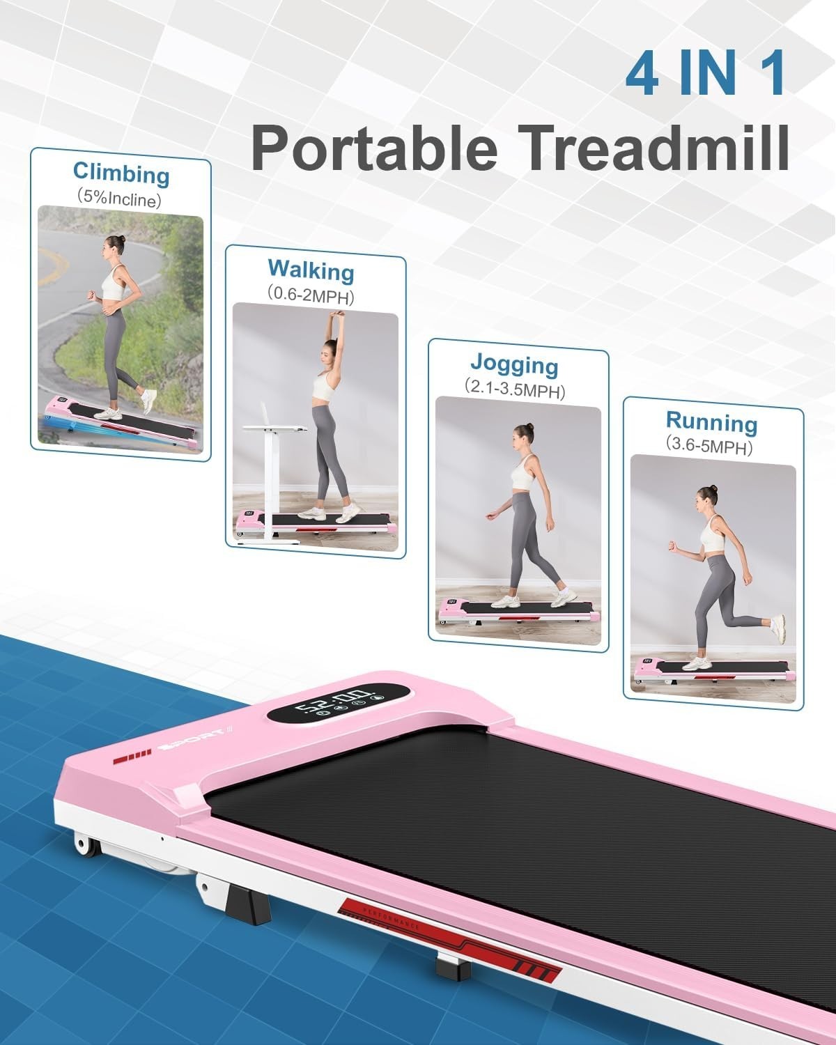 Portable Under Desk Treadmill with Incline, 8km/h Quiet Home Walking Pad