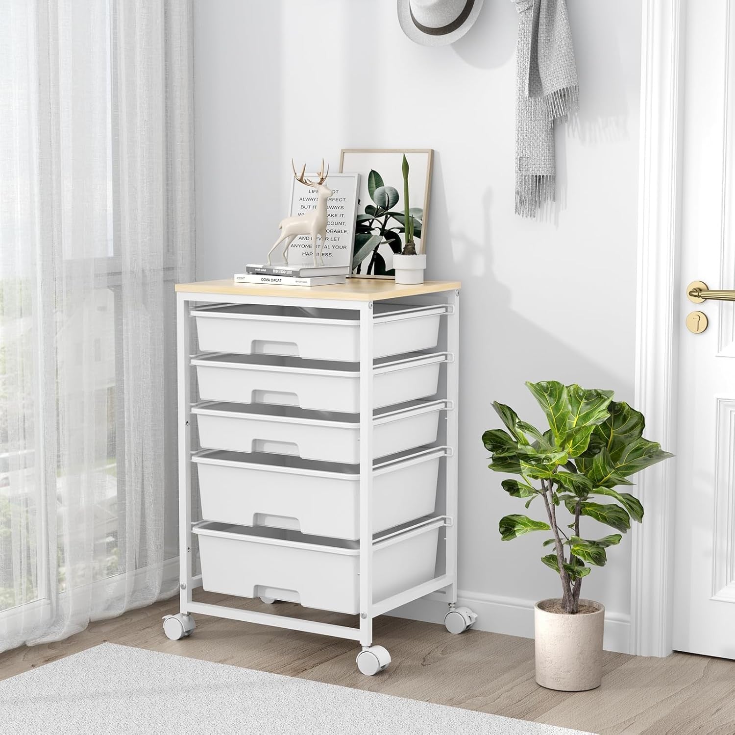 5 Drawer Rolling Storage Trolley Cart with Wheels Utility Organizer White