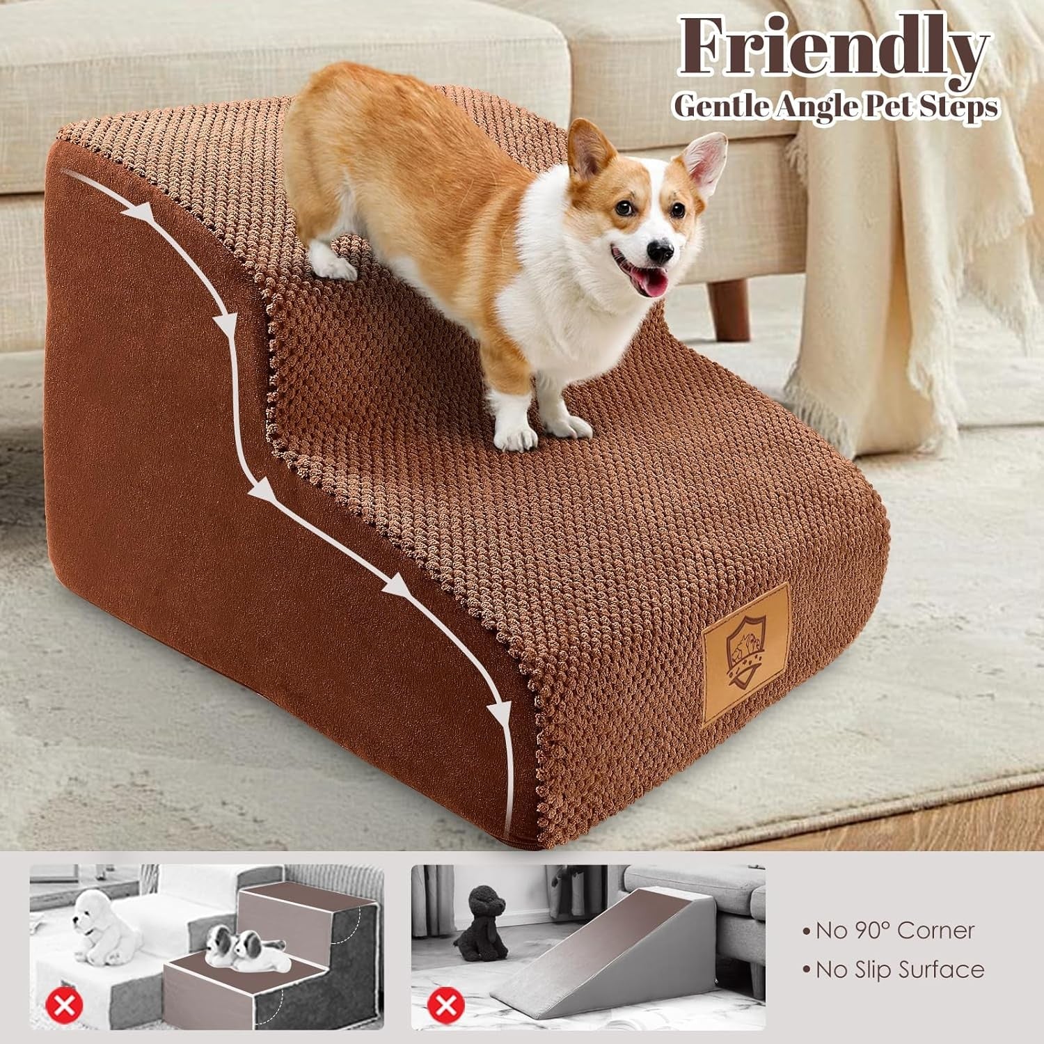 Brown 2 Step Dog Stairs 30D Foam Non Slip Pet Steps 40x30x40cm