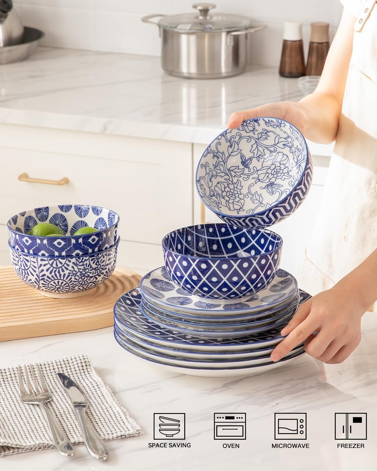 12pc Porcelain Dinnerware Set Blue White Plates Bowls Modern Dishwasher Safe