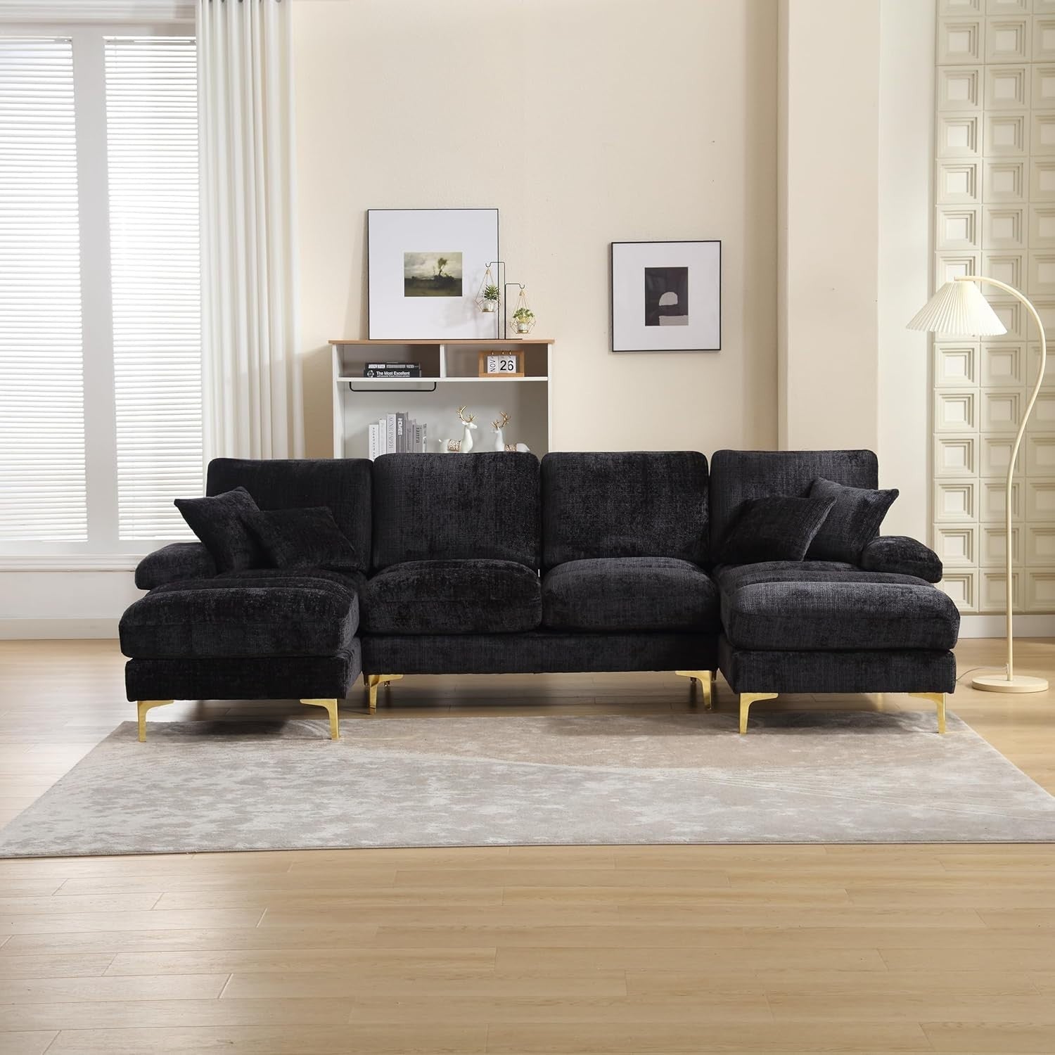 4 Seater U-Shaped Sofa Black Chenille Sectional with Double Chaise & 4 Pillows