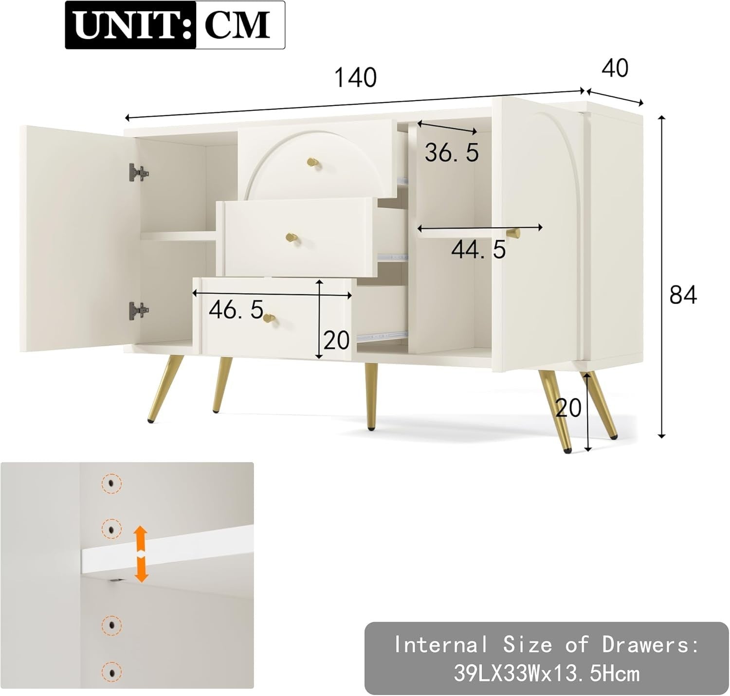 Modern Cream White Storage Cabinet with 2 Doors & 3 Drawers Adjustable Shelf