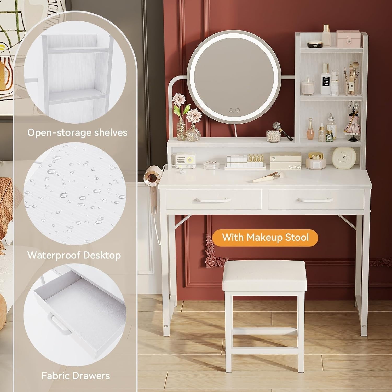 White Vanity Dressing Table Makeup Desk with LED Mirror & Storage Drawers 80cm