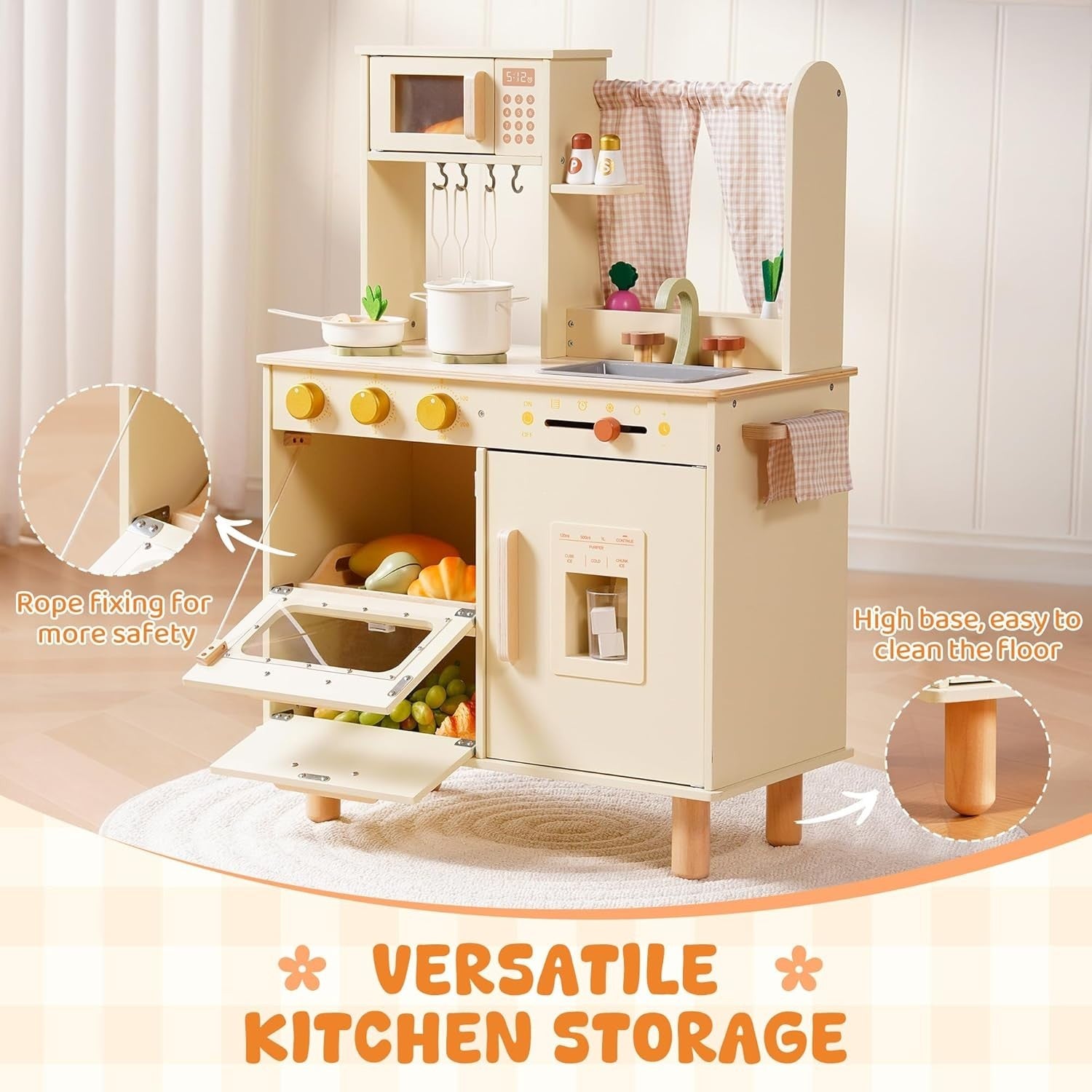 Wooden Kids Play Kitchen w/ Ice Maker Microwave Cream Toy