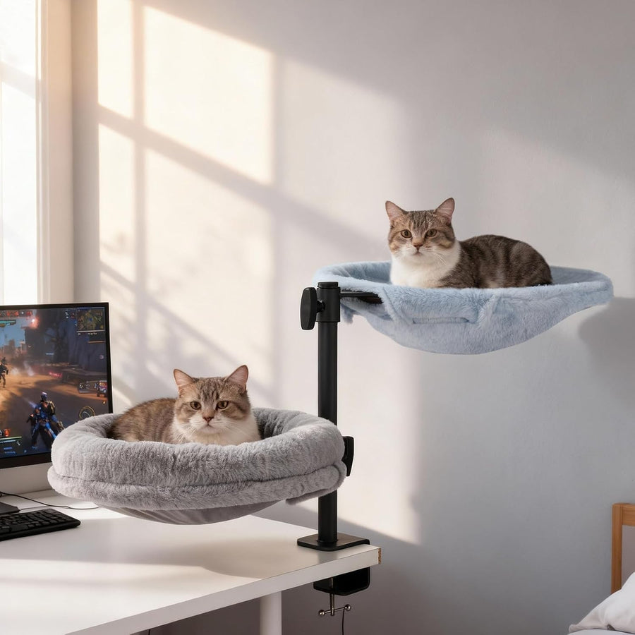Dual Desk Cat Bed Rotating Cat Hammock for 2 Cats Adjustable Perch