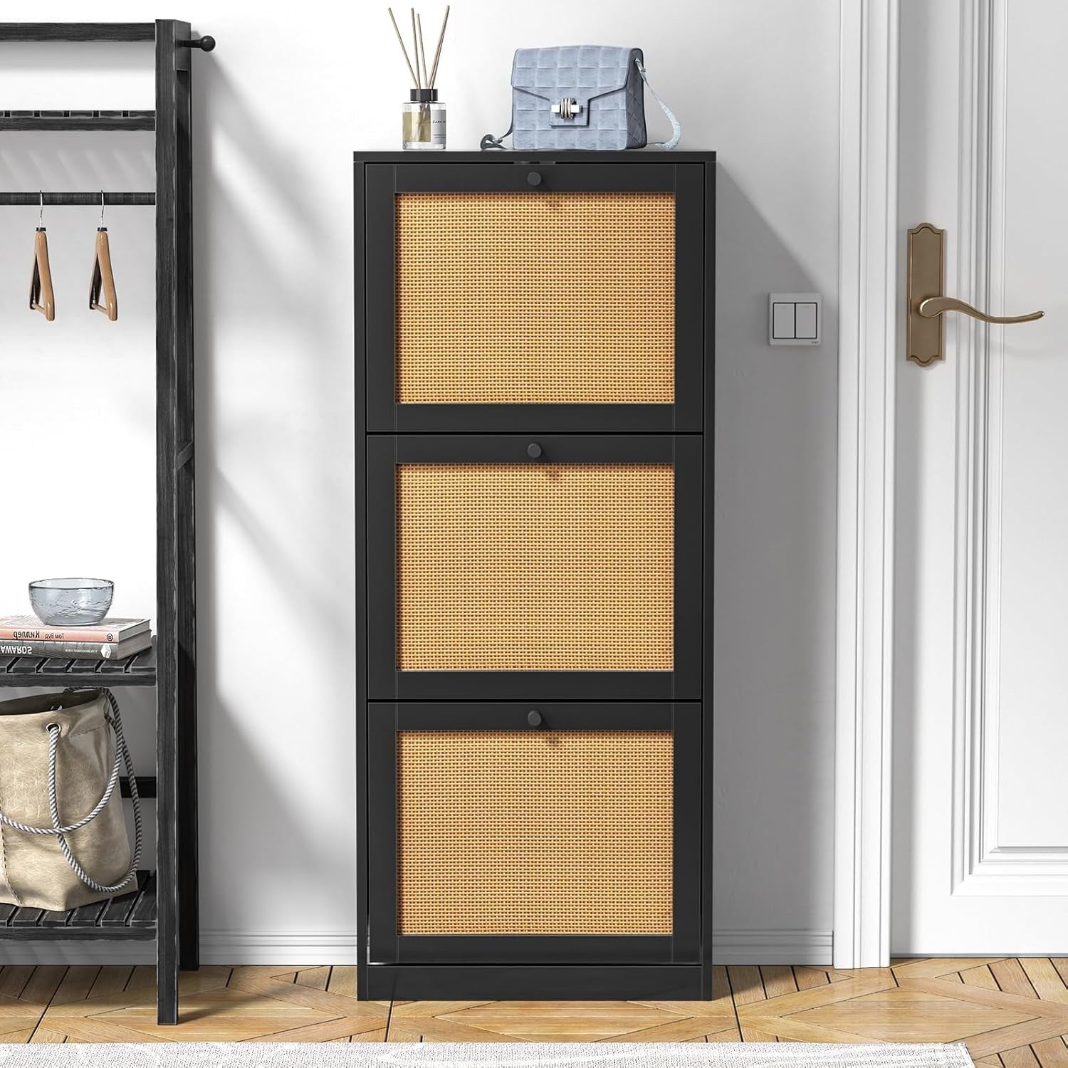 Rattan Shoe Cabinet 3 Flip Drawer Storage Cupboard Adjustable Shelves 51x122cm
