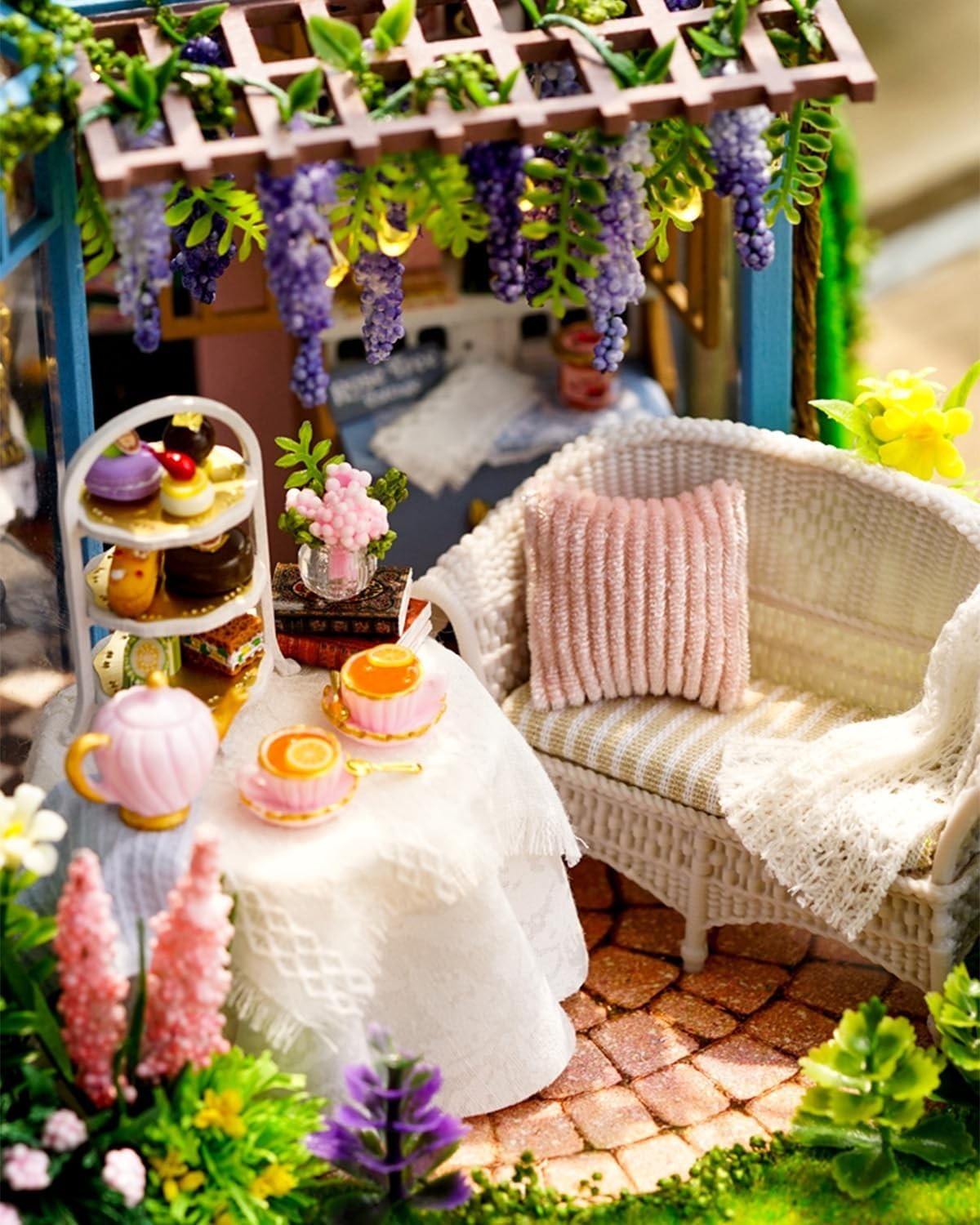 DIY Book Nook Kit Rose Garden Tea House LED Miniature Bookend Decor