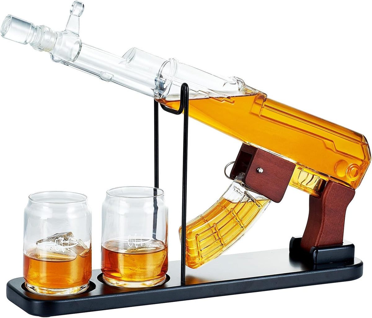 Gun Style Whiskey Decanter Set 17.6oz with Stand & 2 Glasses – Unique Gift for M