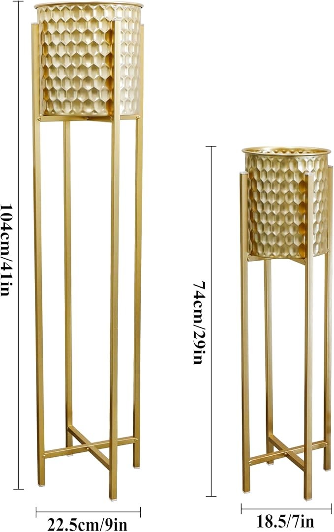 Set of 2 Tall Gold Metal Planters with Stand Indoor Outdoor Modern Plant Pots