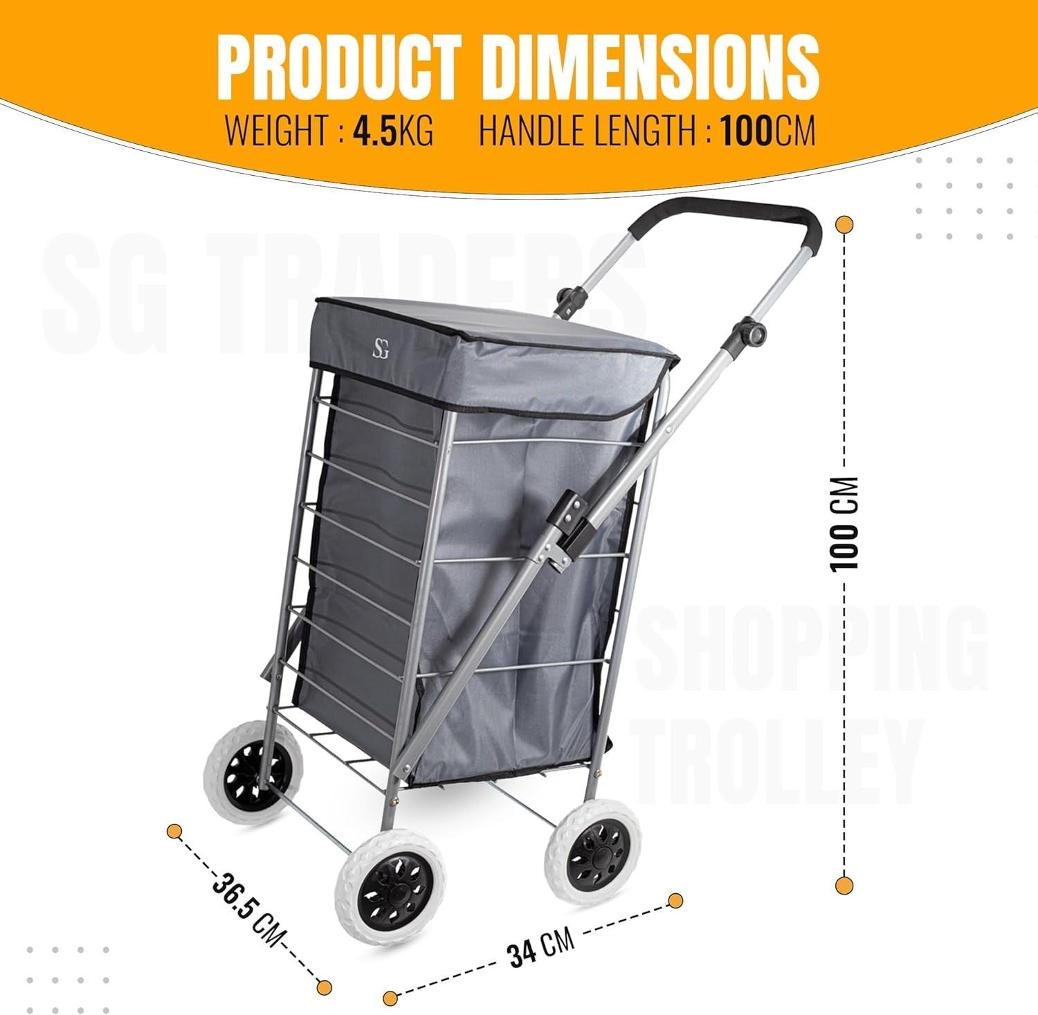 Foldable 4-Wheel Shopping Trolley Cart with Removable Bag - Heavy Duty Grey