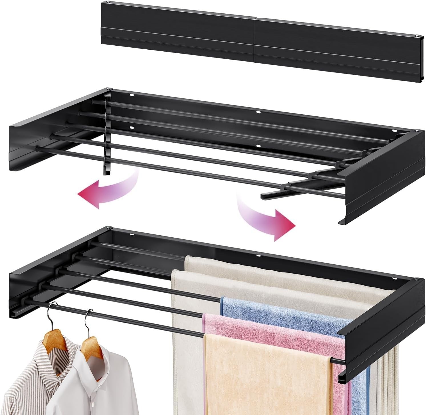 80cm Wall Mounted Retractable Clothes Drying Rack Foldable Airer Black