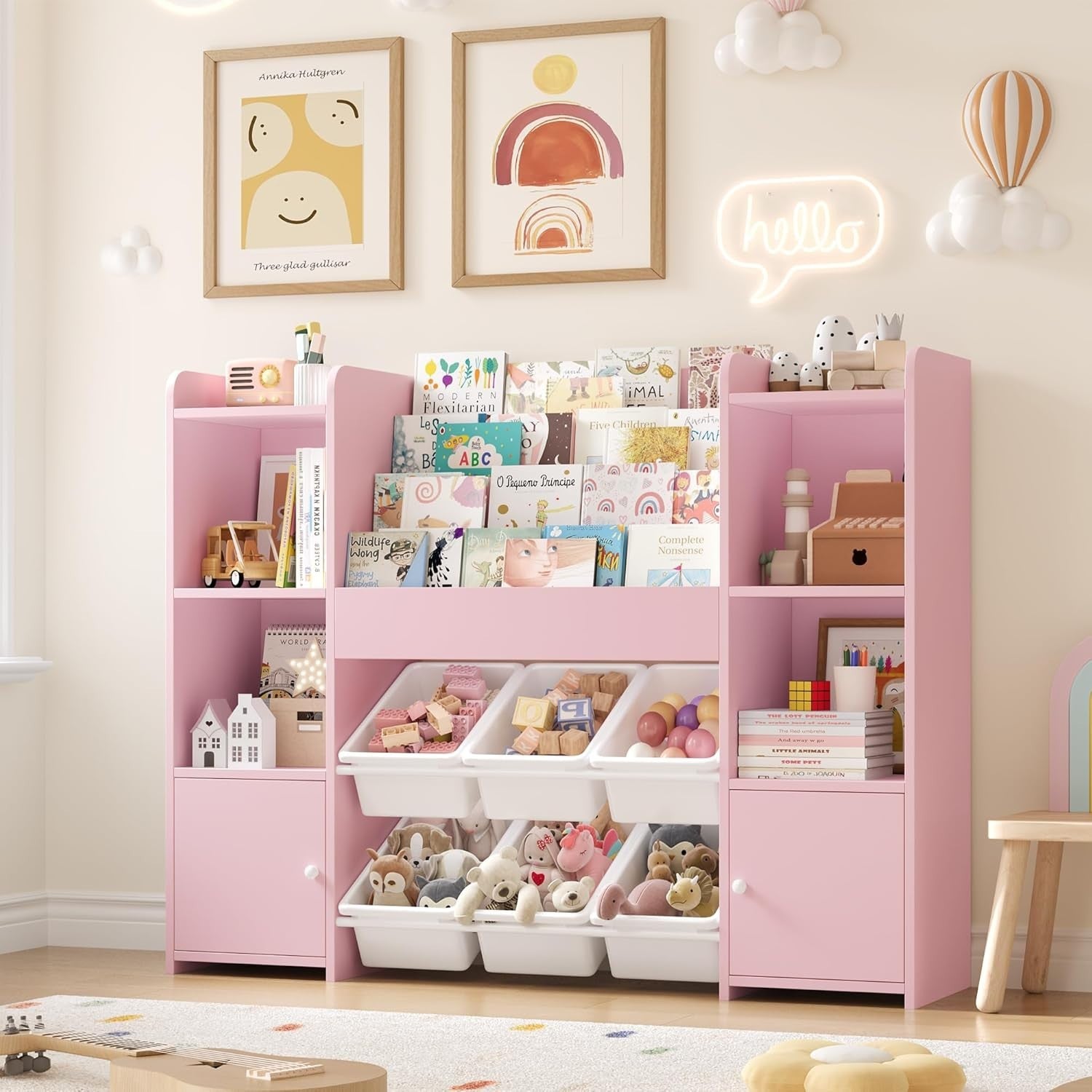 Large Kids Toy Storage Bookshelf with 6 Boxes & 4 Tier Shelves for Playroom Pink