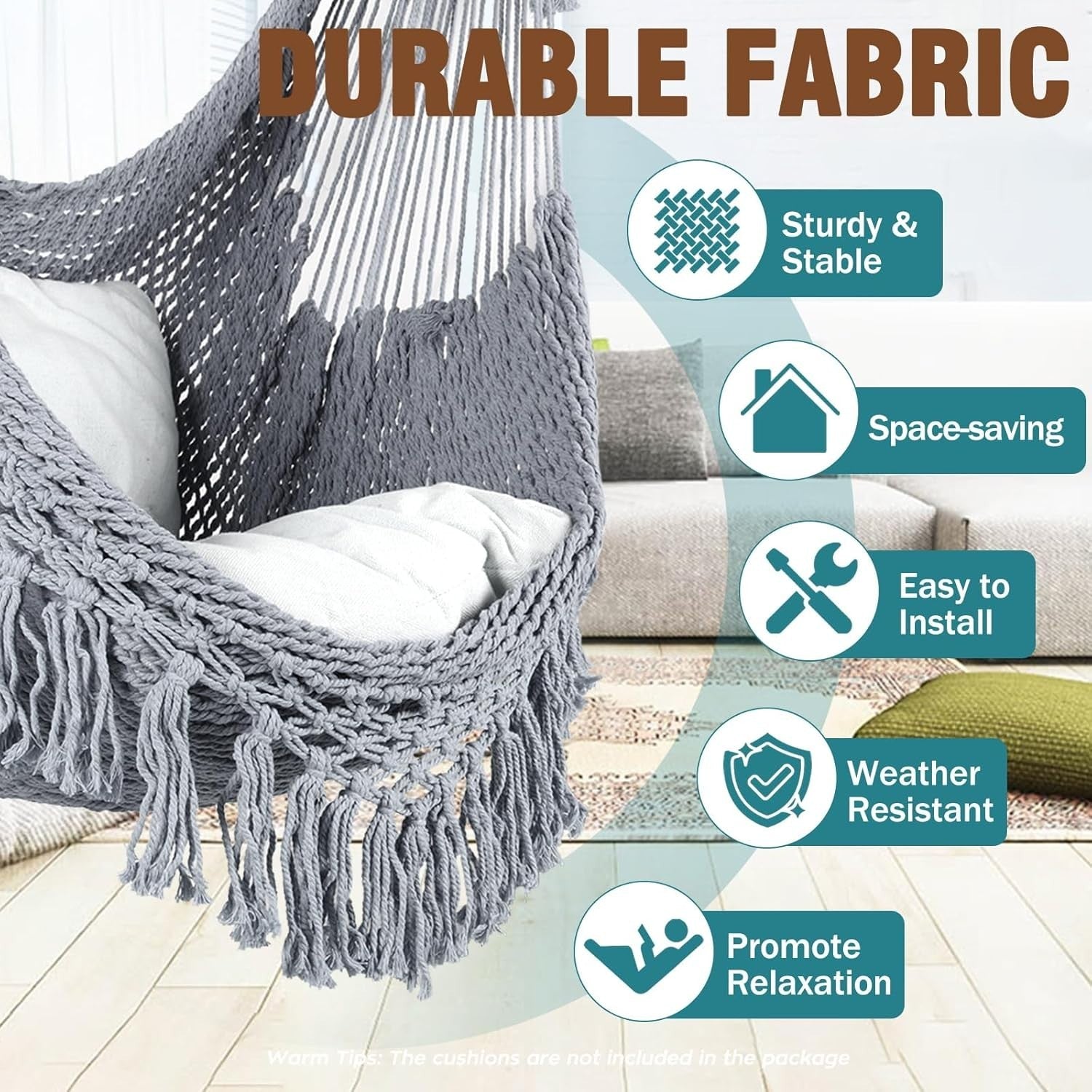 Light Grey Hanging Hammock Chair – Cotton Mesh, Indoor Outdoor, 120kg Max