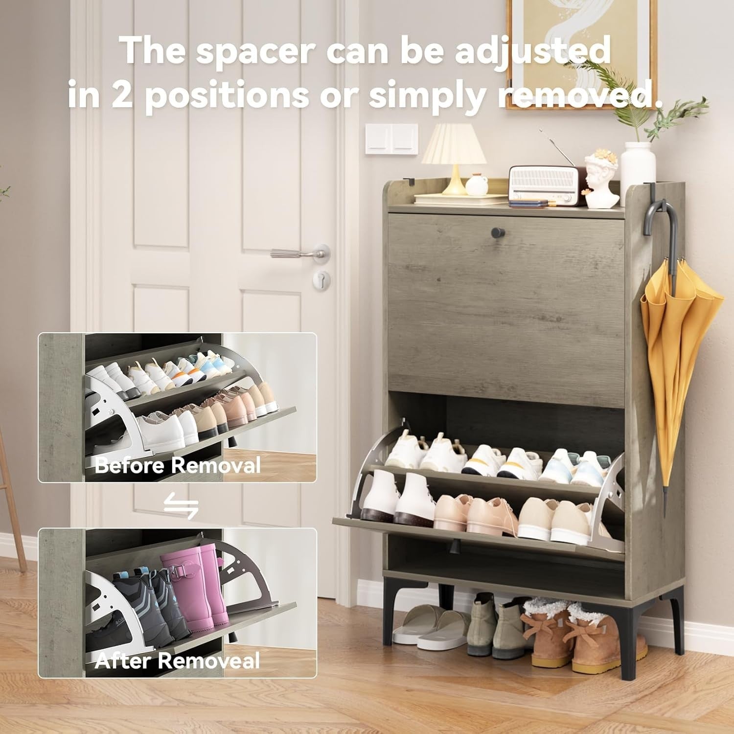 Shoe Cabinet 2 Flip Drawers Adjustable Dividers Compact Hallway Storage Grey