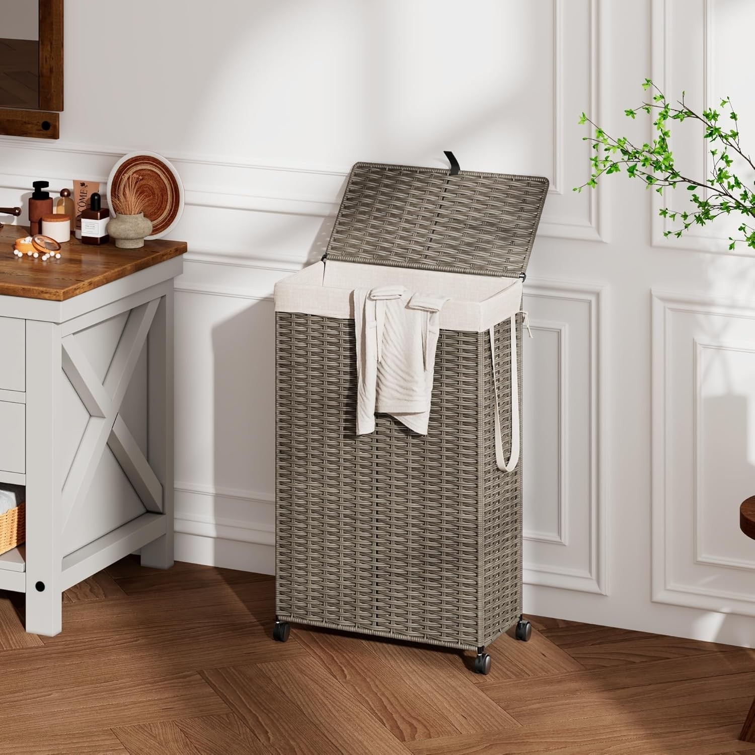 70L Slim Rattan Laundry Hamper with Wheels Lid & Removable Bag Grey Basket