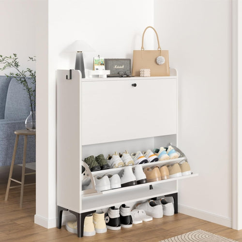 Modern White Shoe Cabinet with Flip Drawers & Adjustable Dividers 80x24x100cm