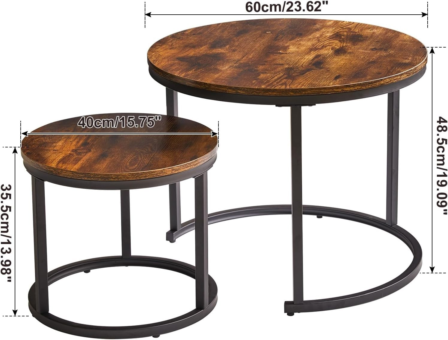 Round Nesting Coffee Tables Set of 2 | Rustic Wood & Metal Side Table for Living
