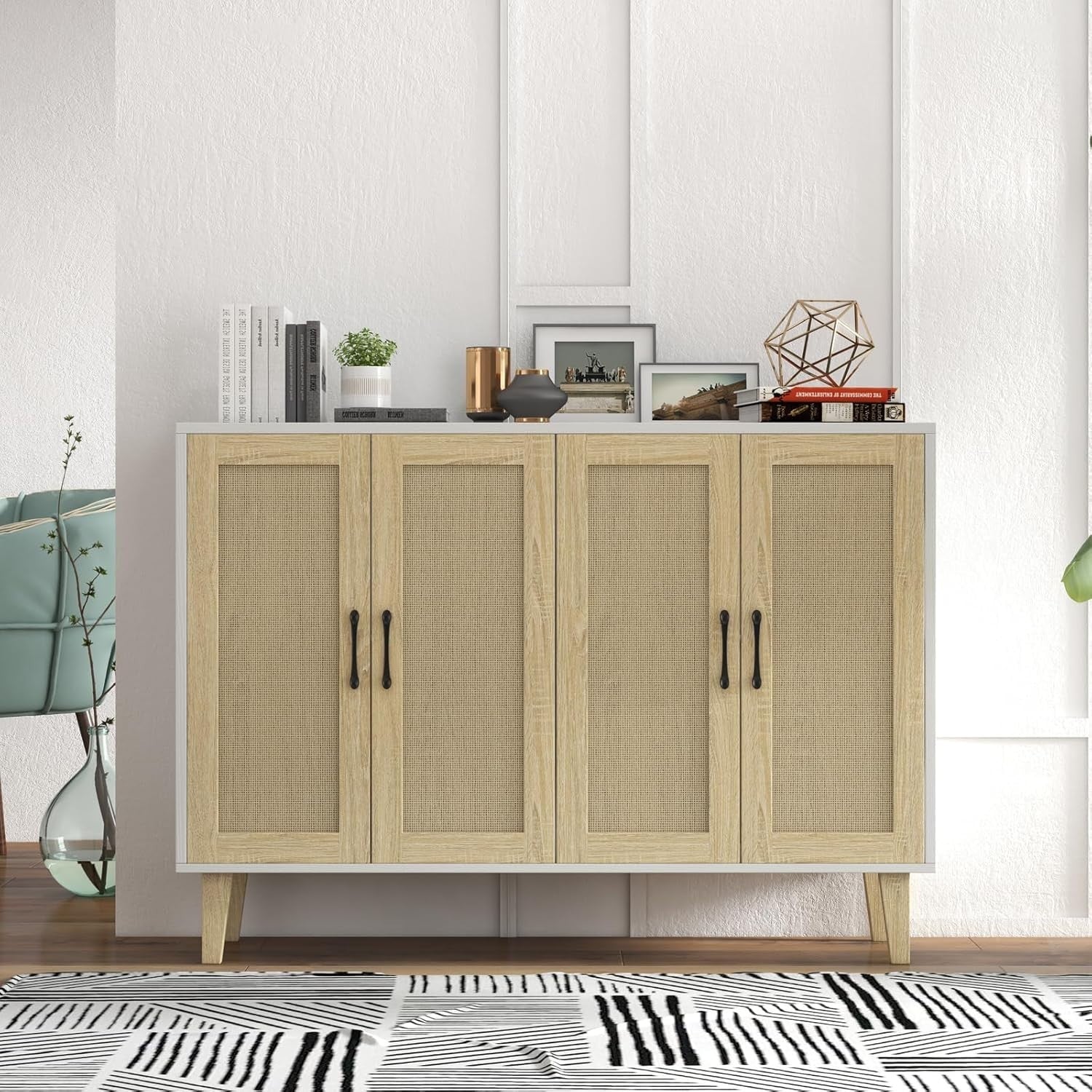 White Buffet Storage Cabinet with Adjustable Shelves Rattan Accent Modern