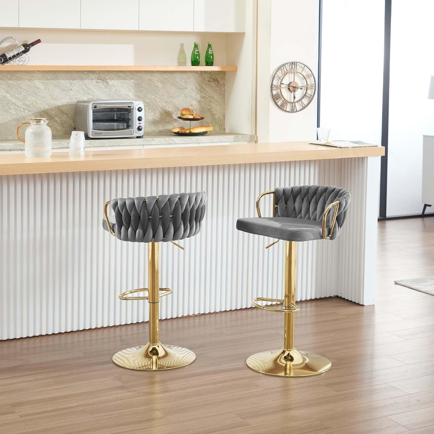 Adjustable Velvet Bar Stool Dark Grey 360° Swivel Kitchen Counter