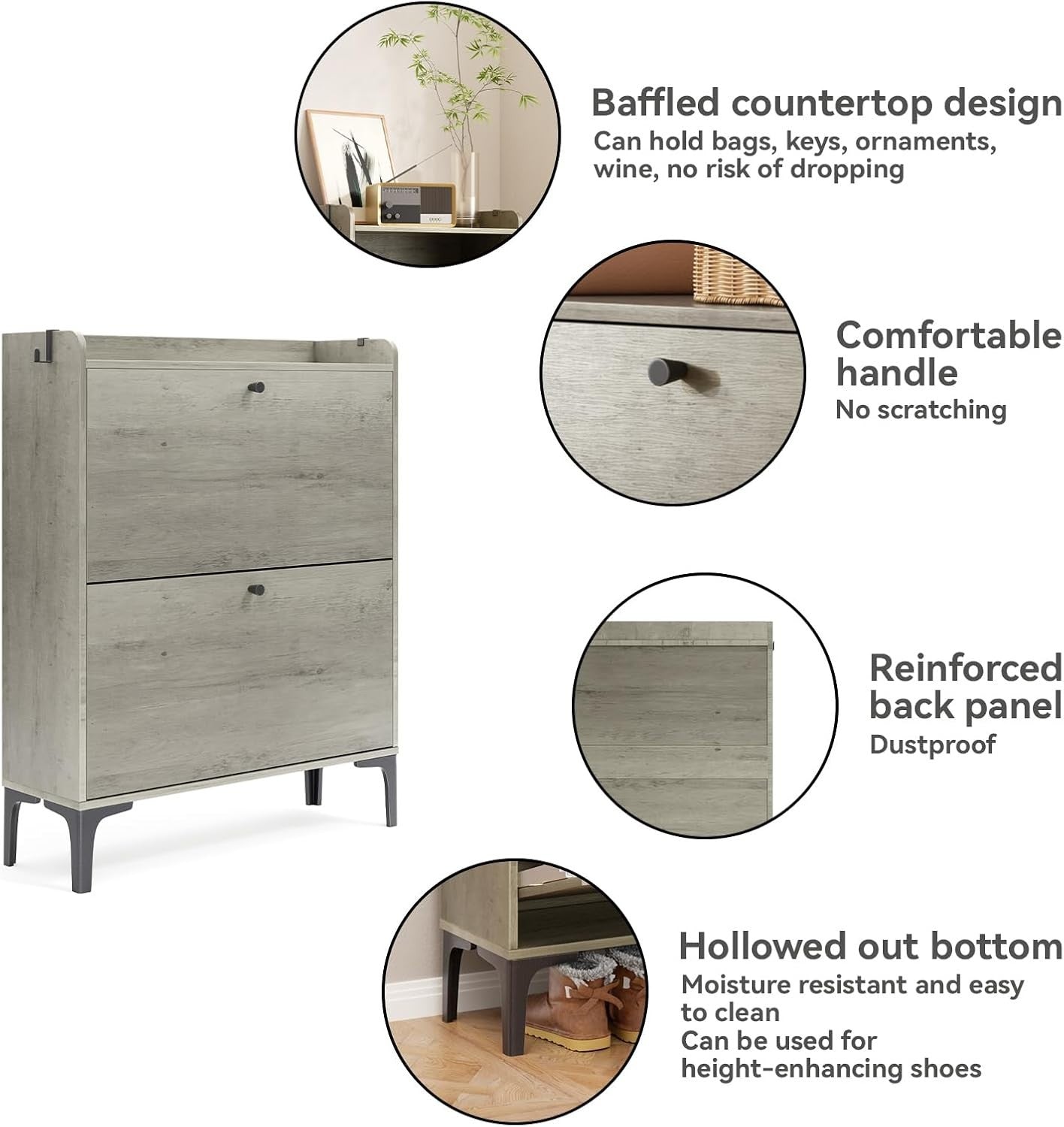 Grey 2 Drawer Shoe Cabinet Flip Storage Unit with Adjustable Dividers 80x24x100