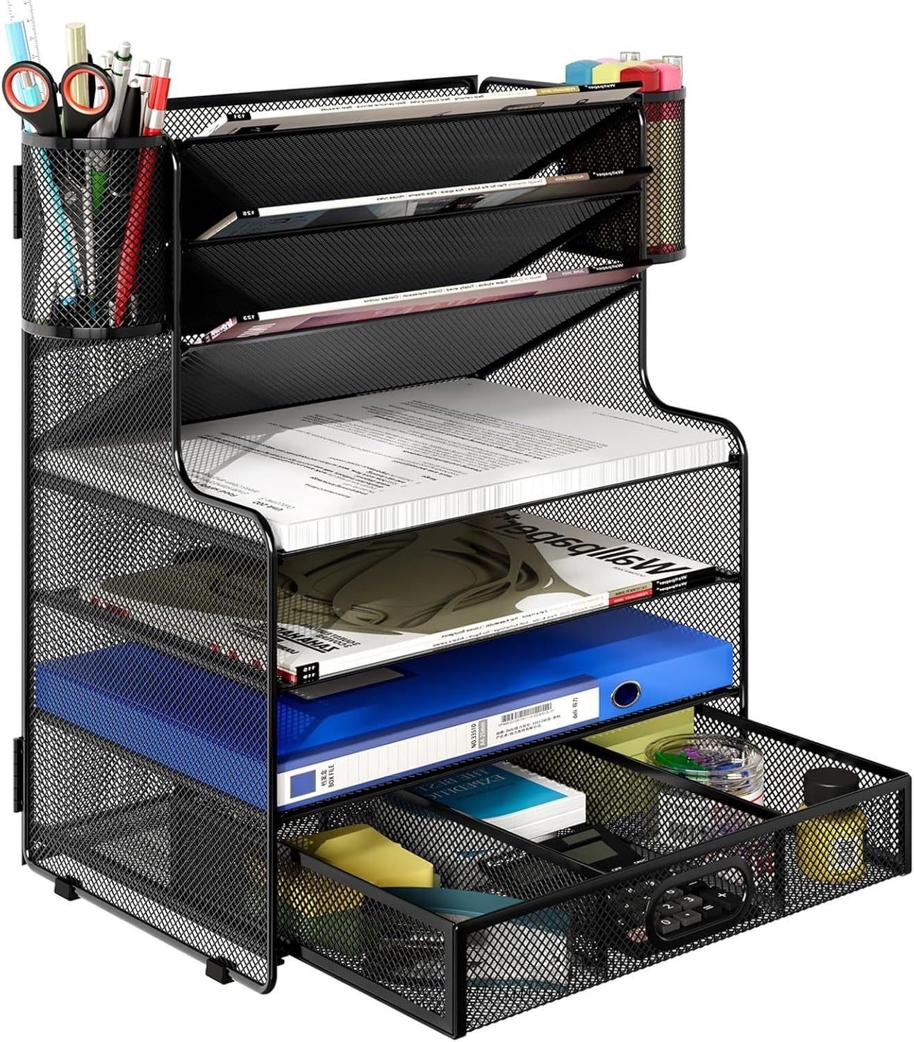 7-Tier Letter Tray Desk Organiser with Drawer, Magazine & A4 Paper Holder, Black