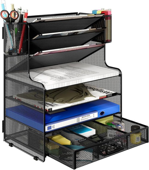 7-Tier Letter Tray Desk Organiser with Drawer, Magazine & A4 Paper Holder, Black