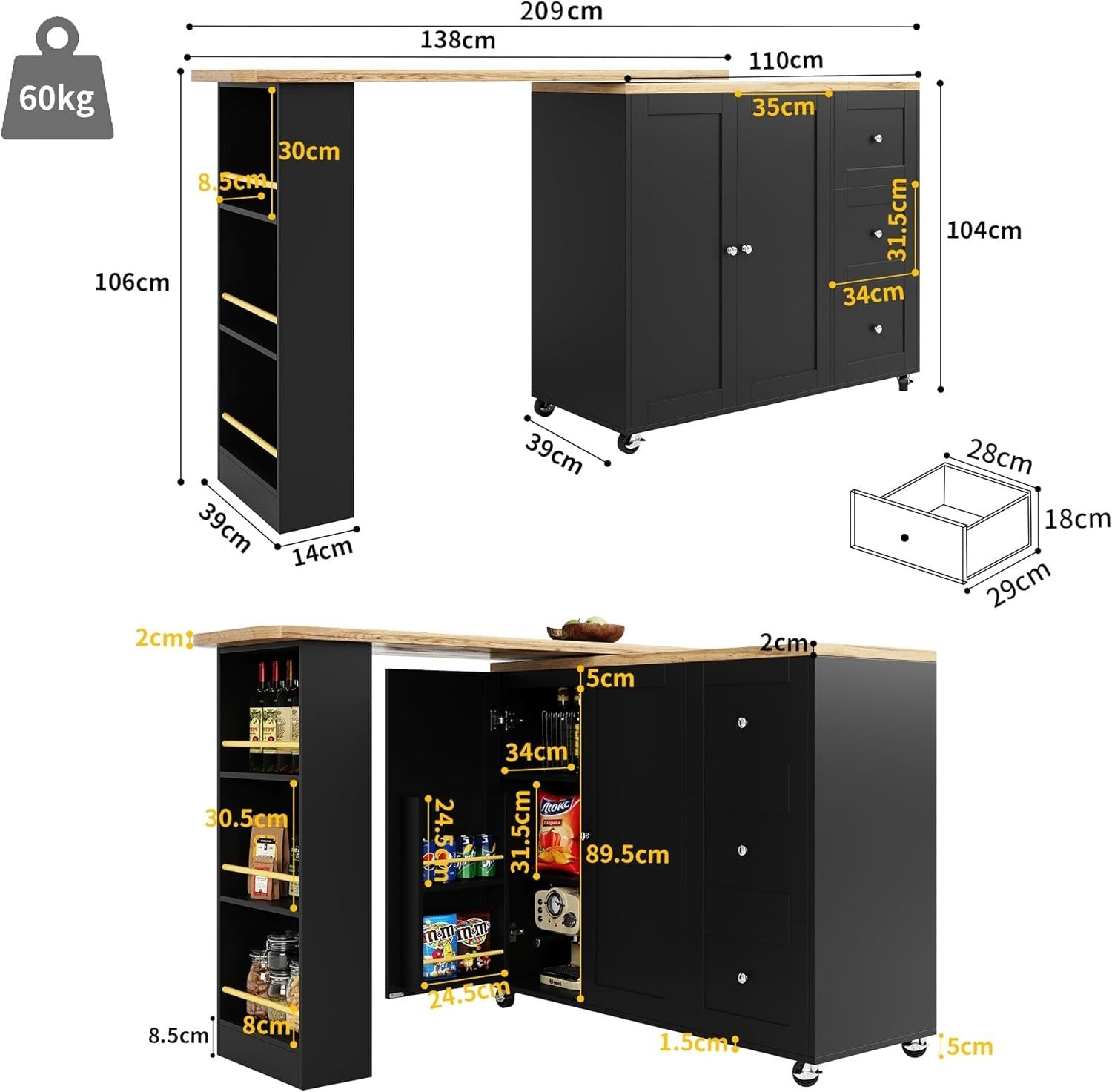 Mobile Kitchen Island w/ 3 Drawers, 360° Swivel & Storage Shelves 209cm