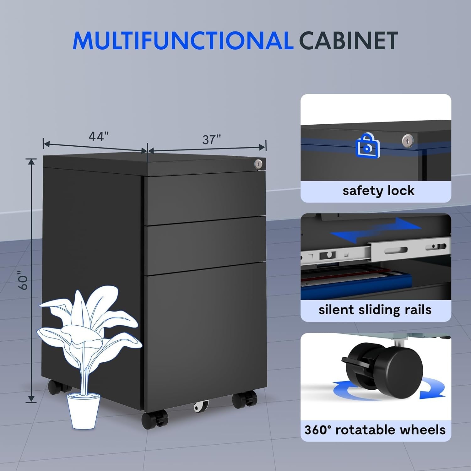 Black Mobile Filing Cabinet 3 Drawer Lockable Under Desk Steel