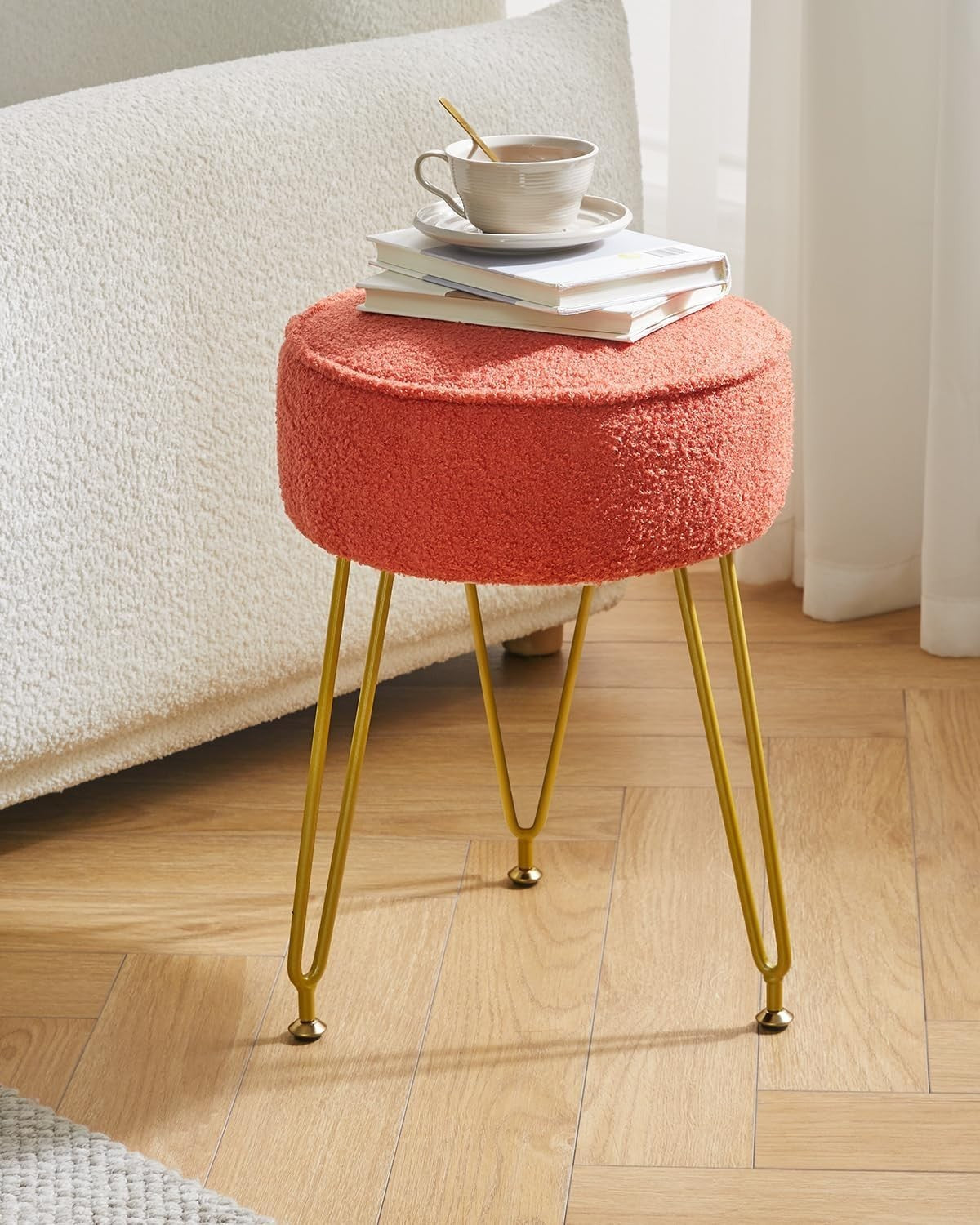 Orange Teddy Velvet Round Footrest Ottoman – Vanity Stool with Gold Legs