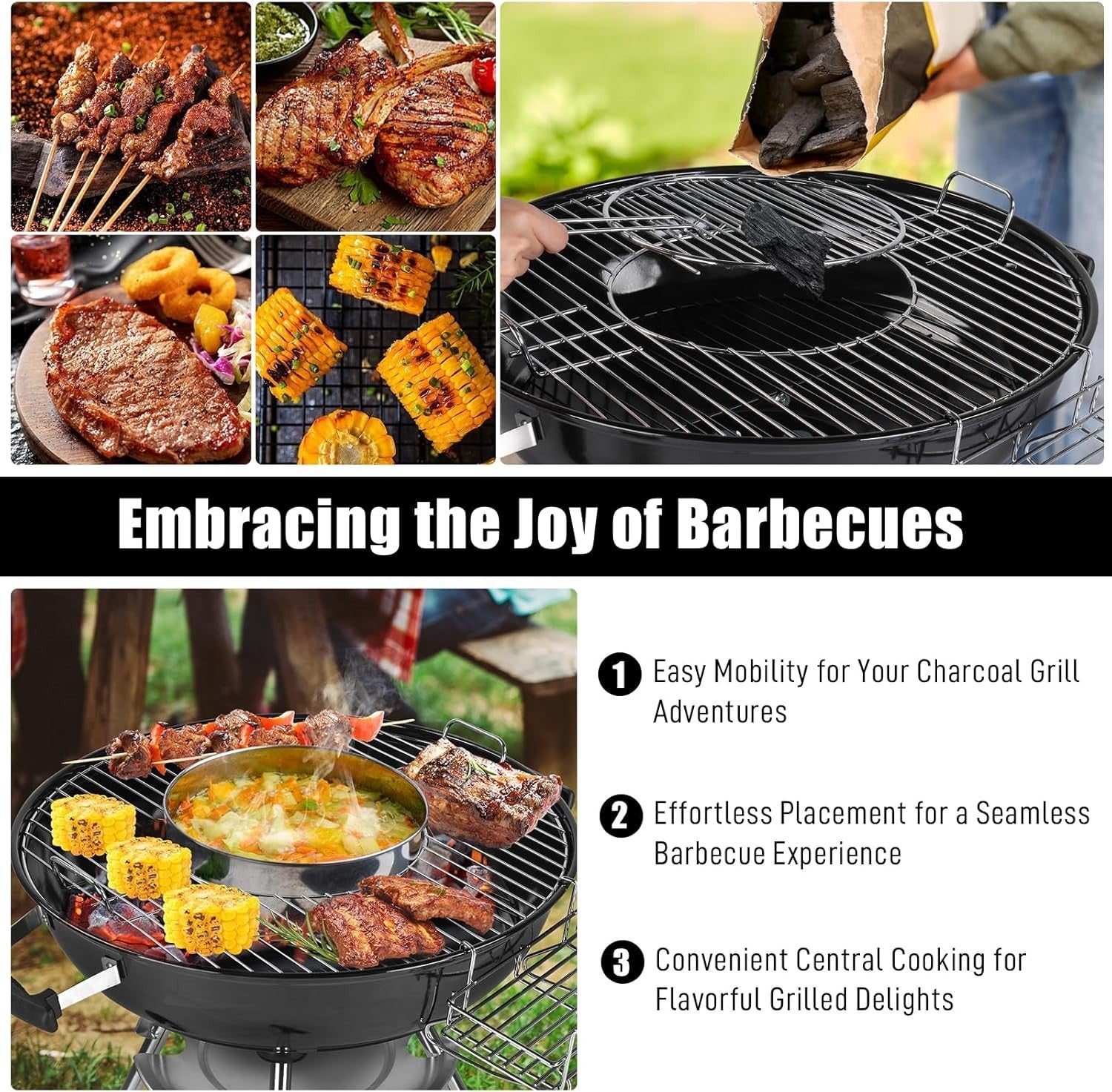 Large Charcoal BBQ Grill with Wheels & Thermometer, 28" Kettle Outdoor Garden