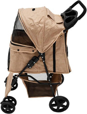 Beige Pet Stroller Pushchair with Navy Caddy Bag Foldable 15kg Travel