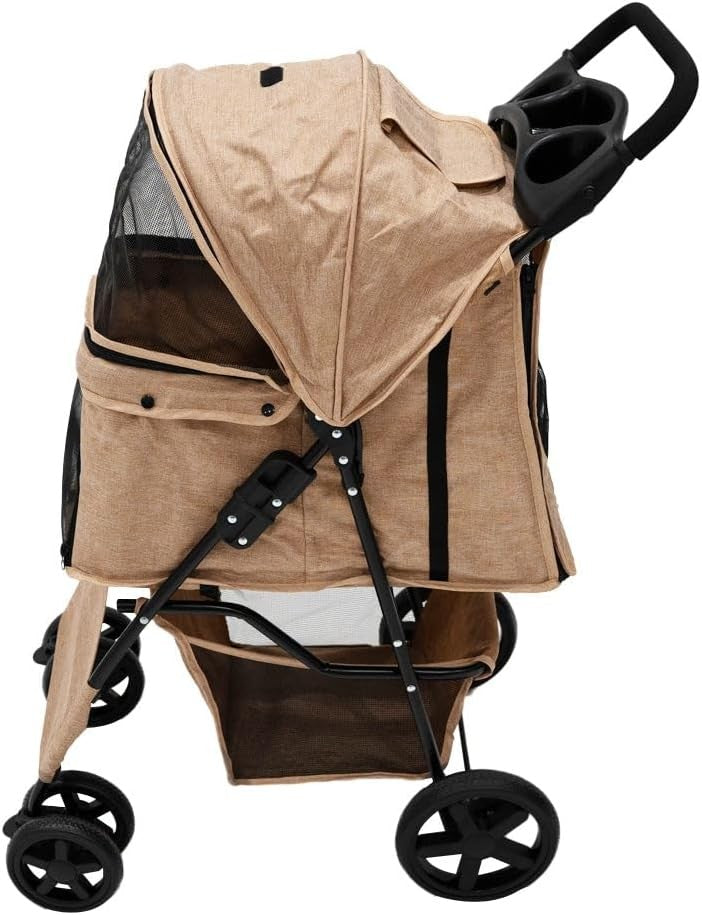 Beige Pet Stroller Pushchair with Navy Caddy Bag Foldable 15kg Travel