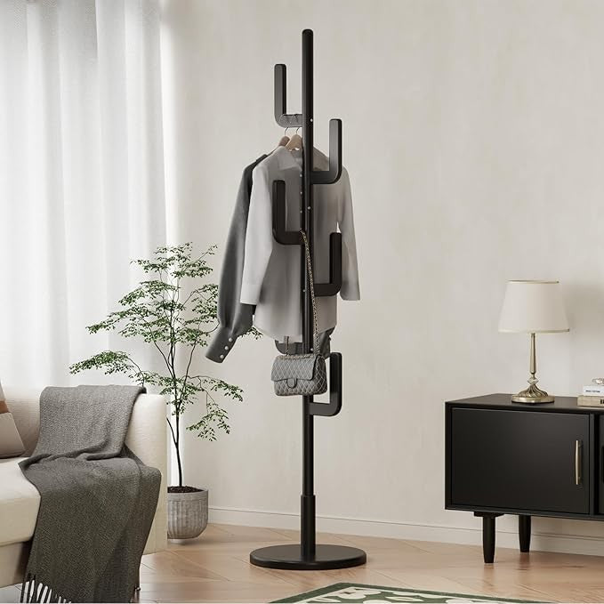 Black Wooden Coat Rack Stand | Modern Cactus Design Hall Tree with 6 Hooks