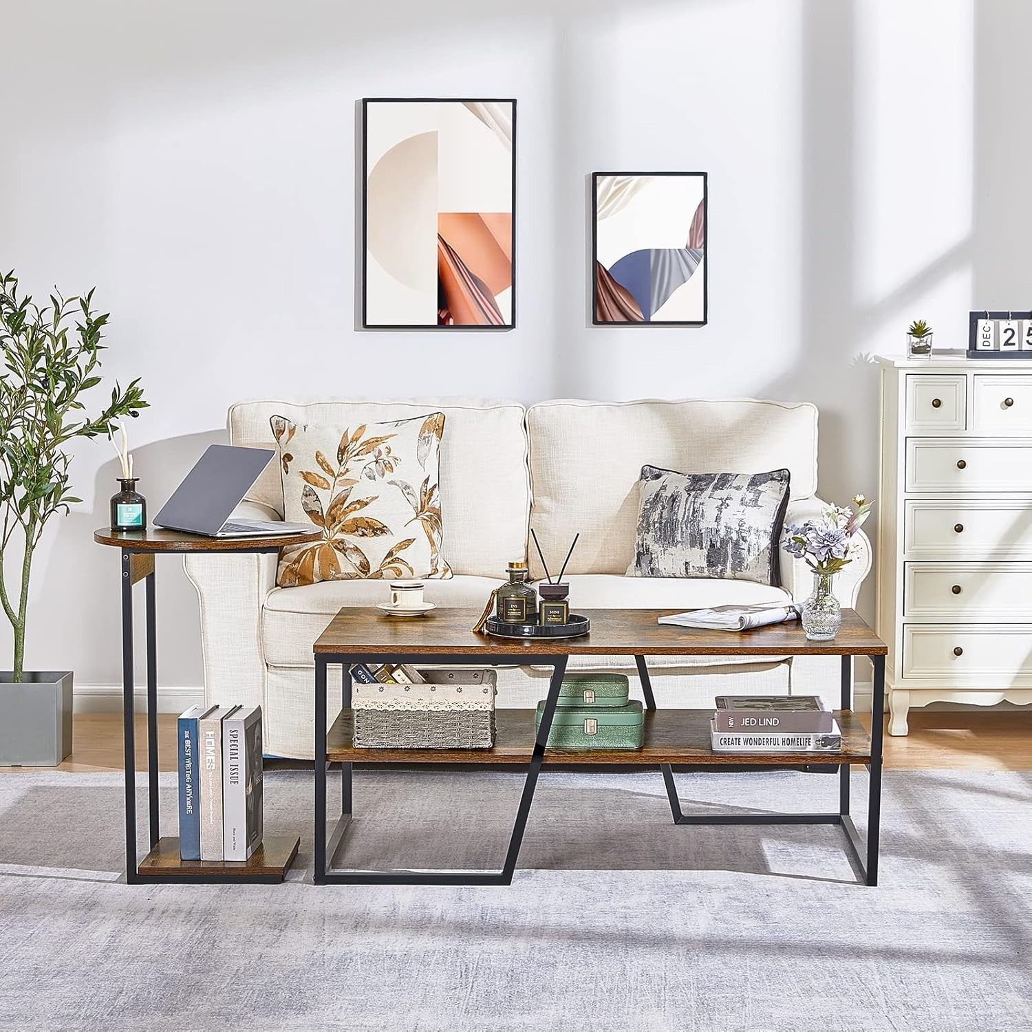 Slim C-Shaped Side Table with Storage Shelf – Industrial Rustic Steel Frame
