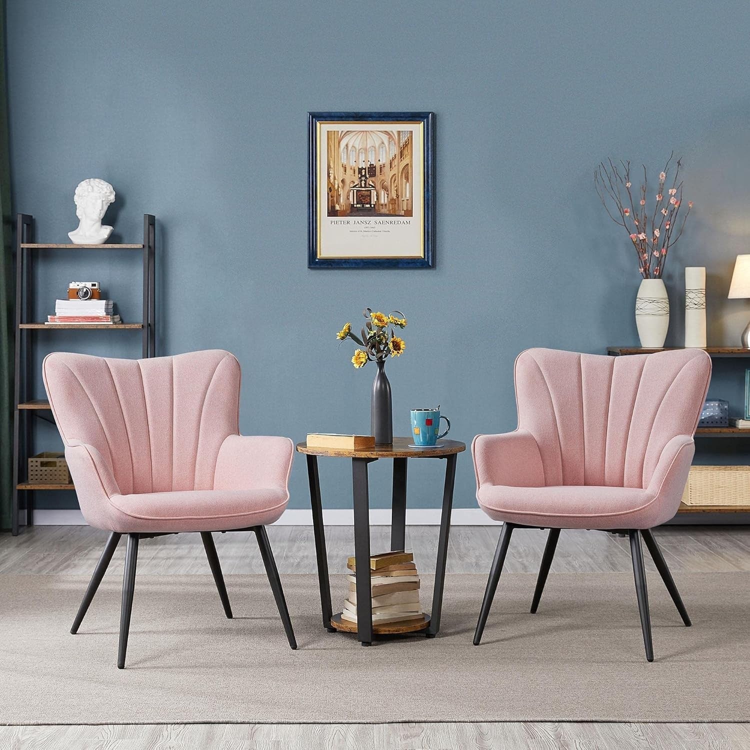 Pink Linen Accent Chair with High Back, Pleated Design for Vanity Lounge