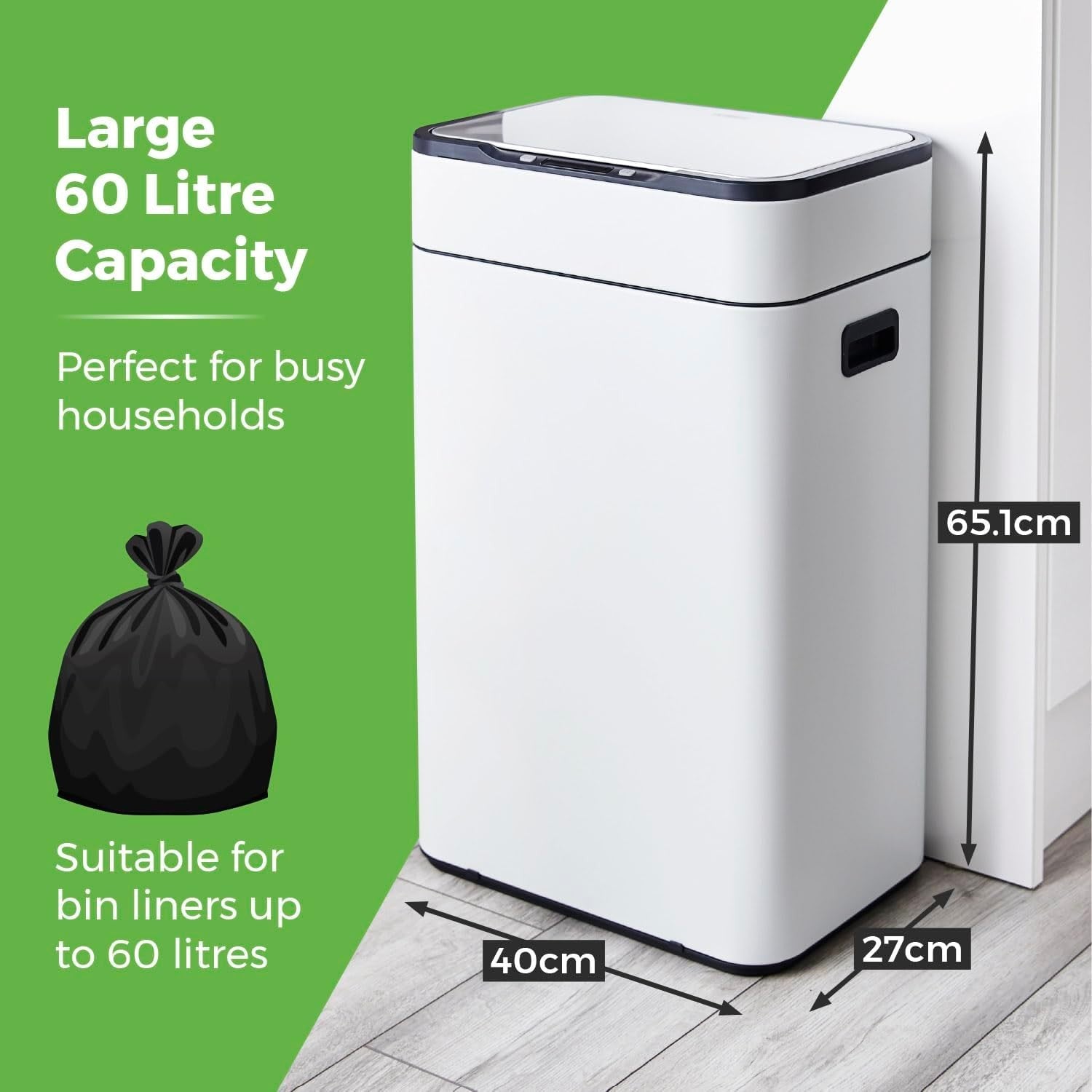 60L Touchless Kitchen Bin | Automatic Sensor Trash Can White