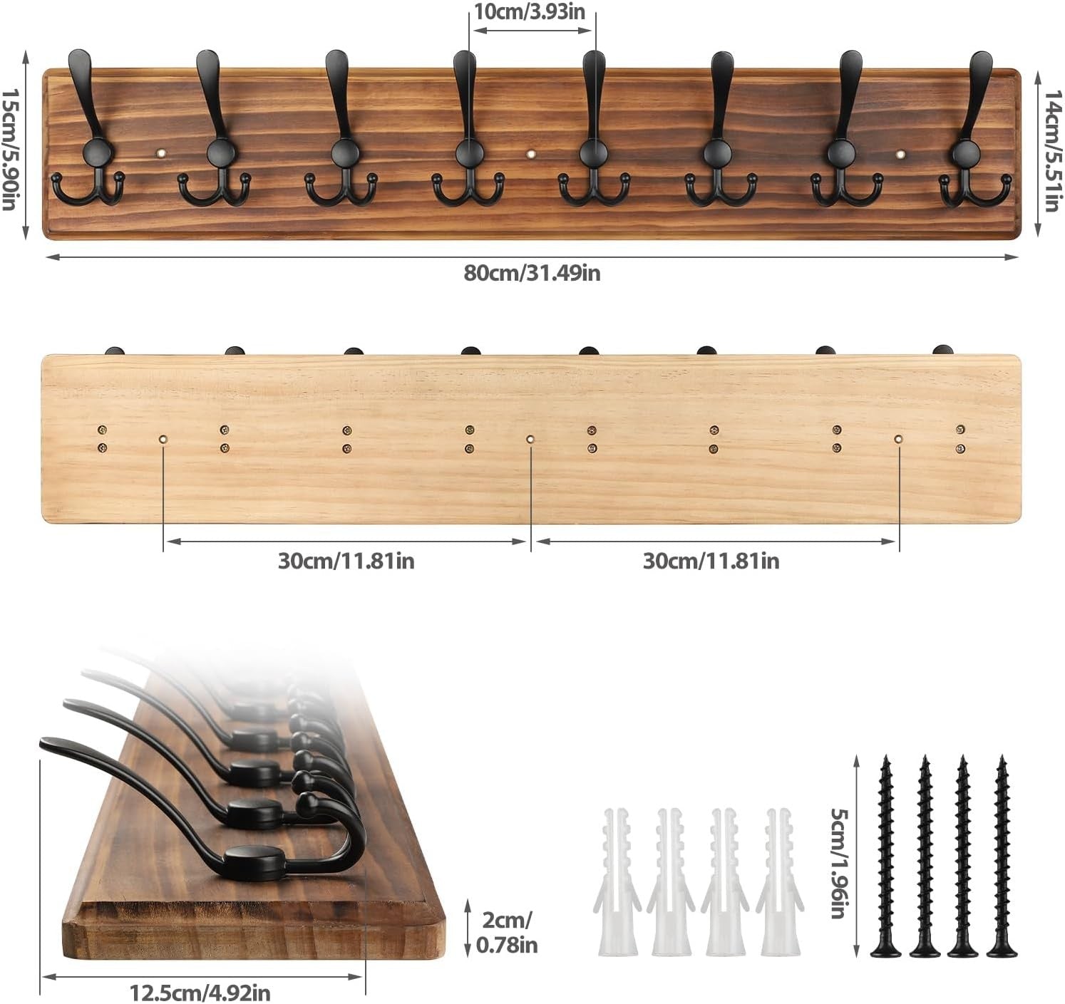 Wooden Wall Mounted Coat Rack | 8 Hook Heavy Duty Hallway Hanger Organizer