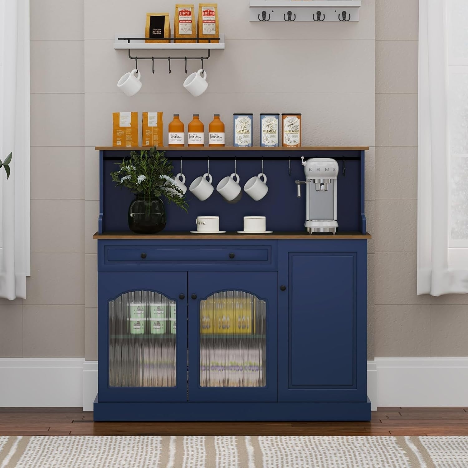 Kitchen Pantry Cupboard Microwave Cabinet Coffee Station Blue