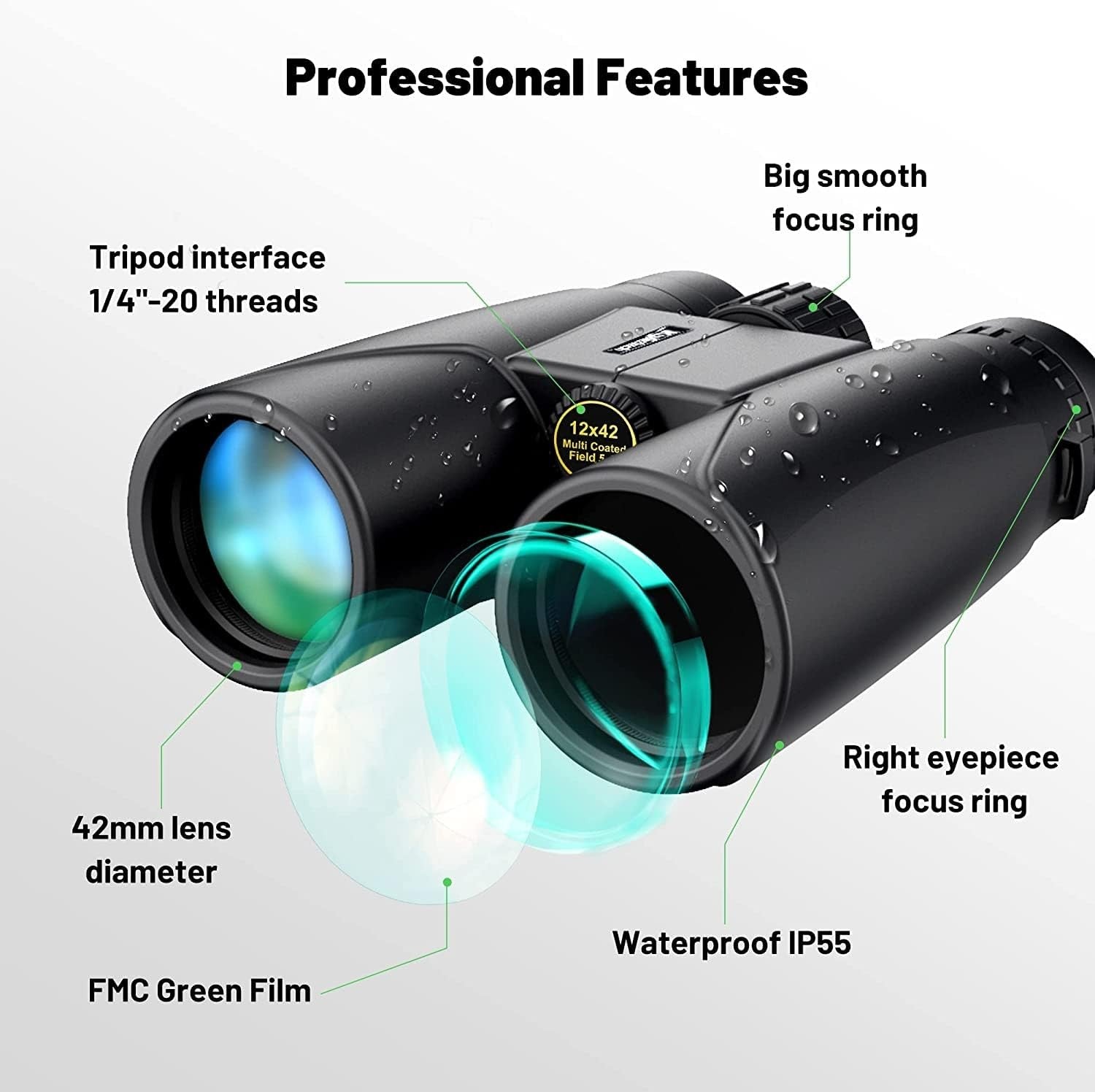 12x42 High Power Waterproof Binoculars Wide Angle FMC Lens Phone Adapter