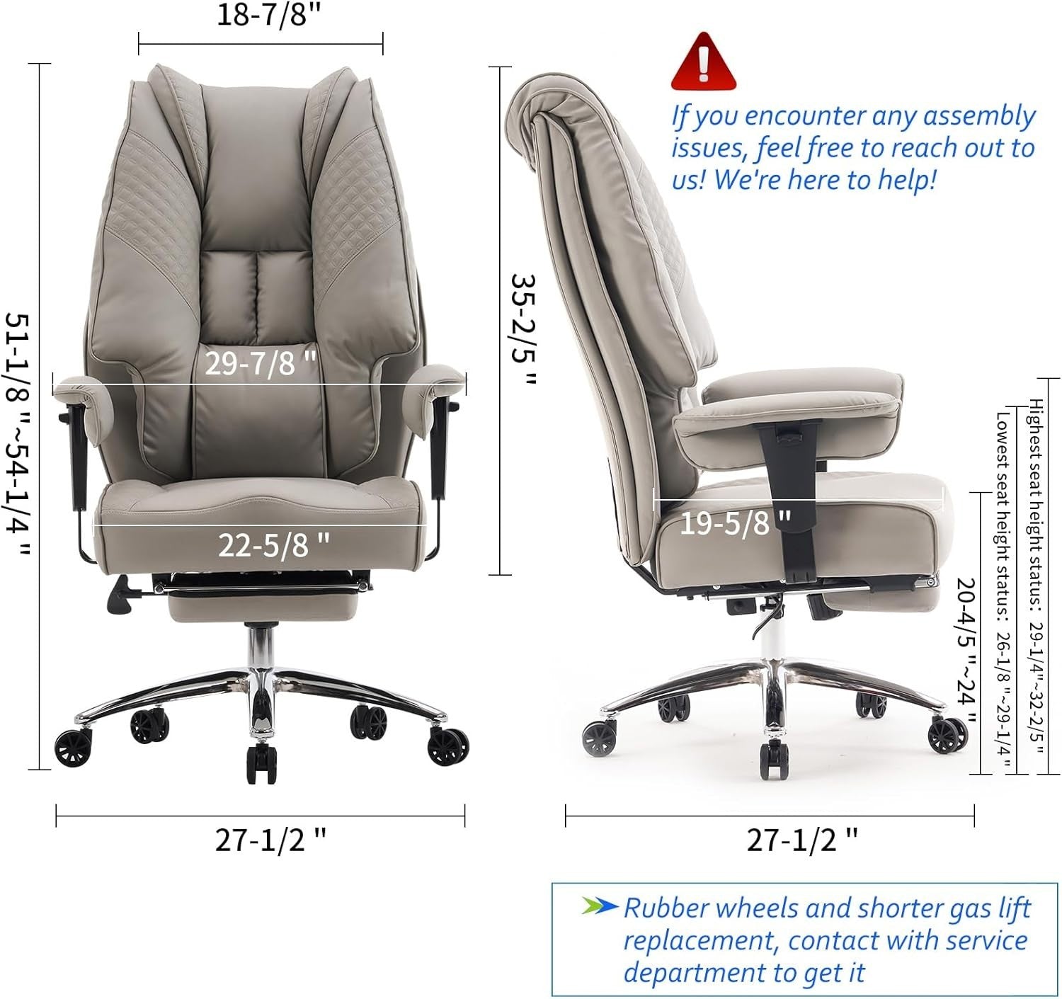 Heavy Duty Big Tall Office Chair PU Leather Oversized Desk Seat Light Grey