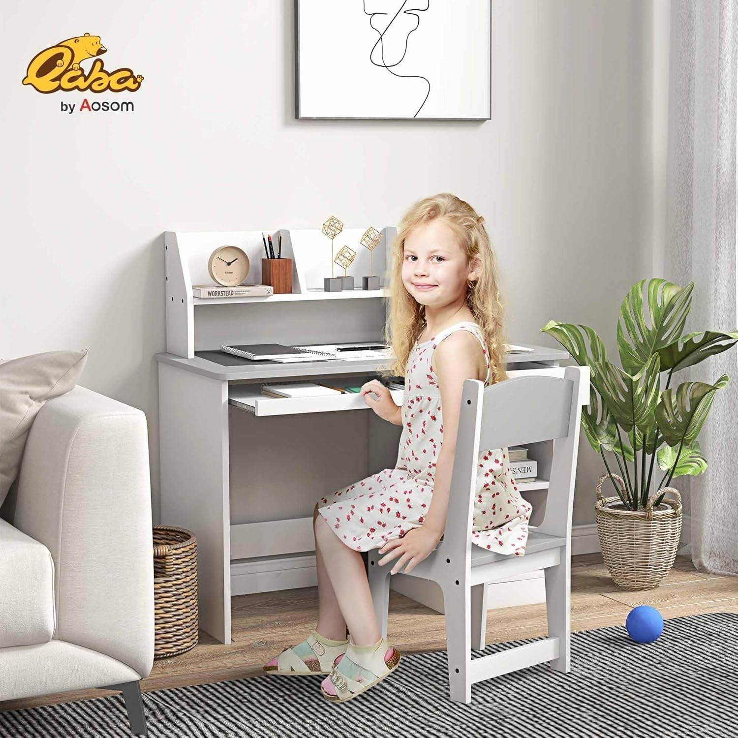 Kids Desk and Chair Set with Storage Drawer Study Table for Ages 5-8 Grey