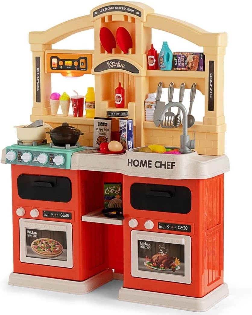 Kids Kitchen Playset w/ 69PCS Lights Sounds Steam Orange Toy