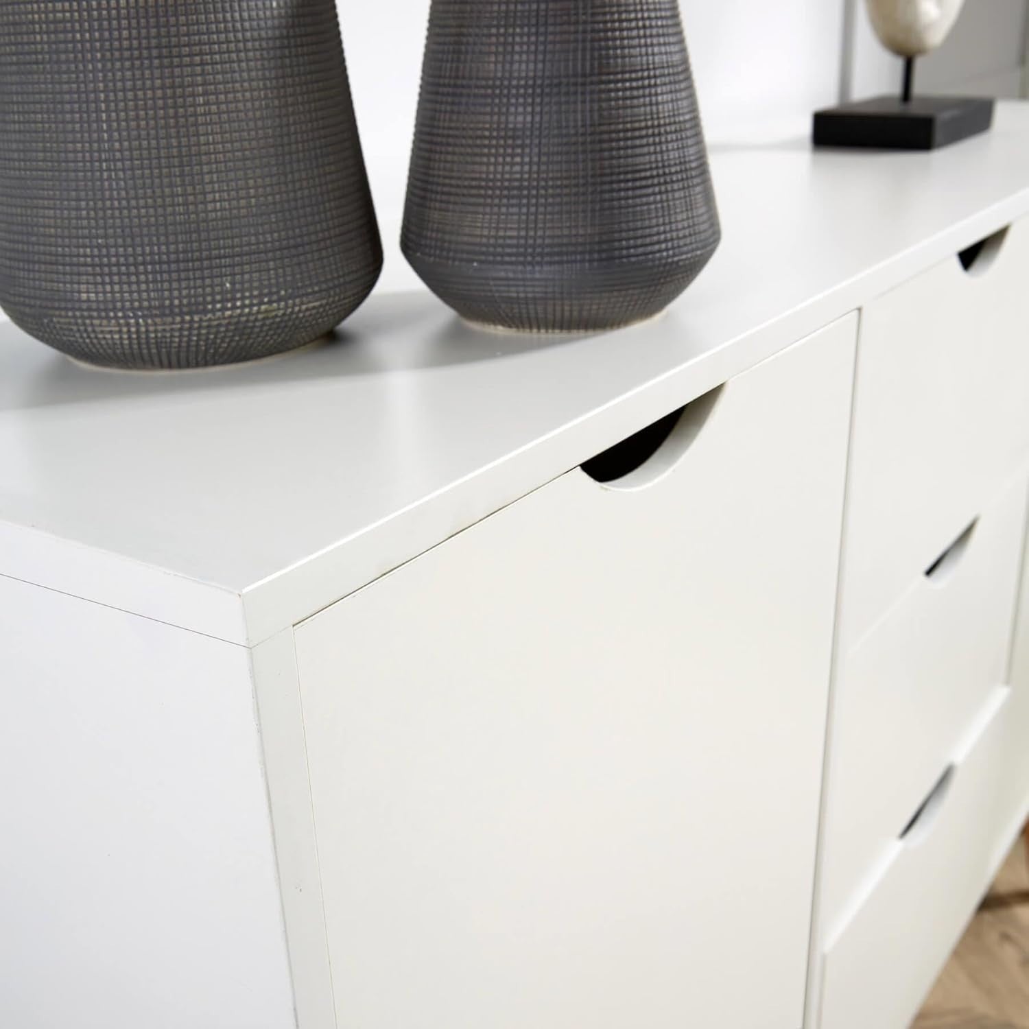 White Scandi Sideboard Cabinet 3 Drawers 2 Doors Solid Wood Legs Storage
