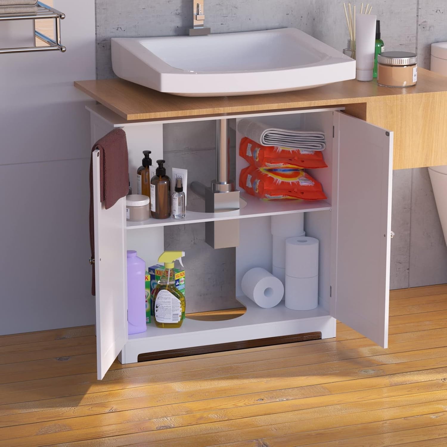 White Under Sink Bathroom Cabinet 60x30x60cm Waterproof Storage Cupboard