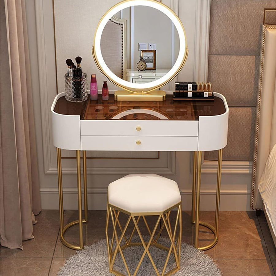 Makeup Vanity Dressing Table w/ LED Light Mirror, 2 Drawers, Stool, Wood/Metal