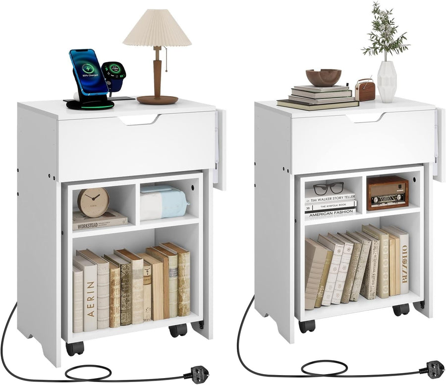 Set of 2 Smart Bedside Tables with LED Light & Charging Station Modern White