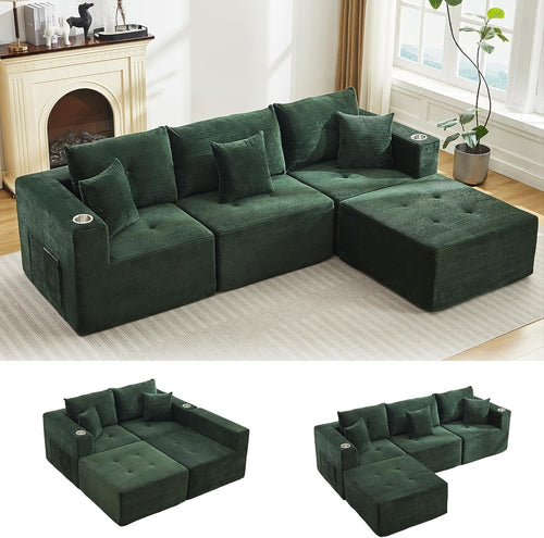 L-Shaped Modular Corner Sofa with Cup Holder Deep Memory Foam Seat
