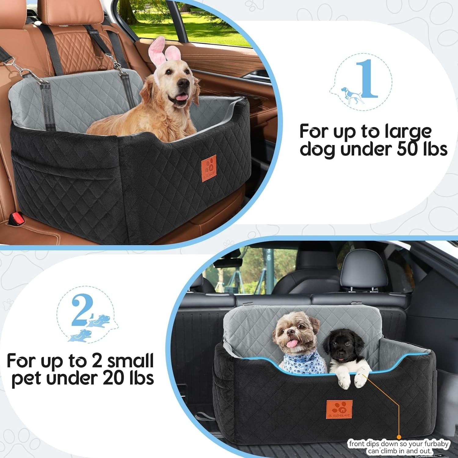 Dog Booster Car Seat Memory Foam Travel Bed Washable 50lb Black Grey