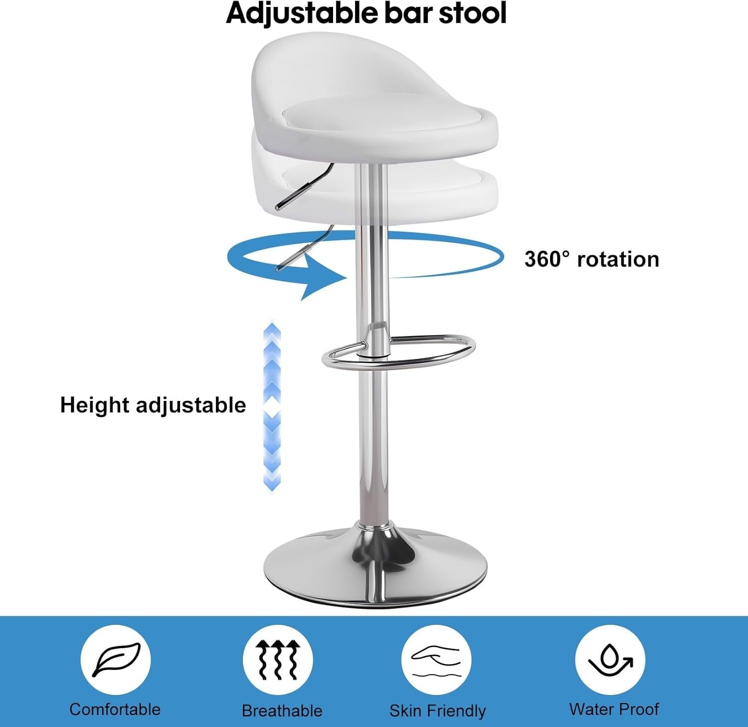 White Faux Leather Bar Stool Set of 2 Round Armless Adjustable Swivel Chairs