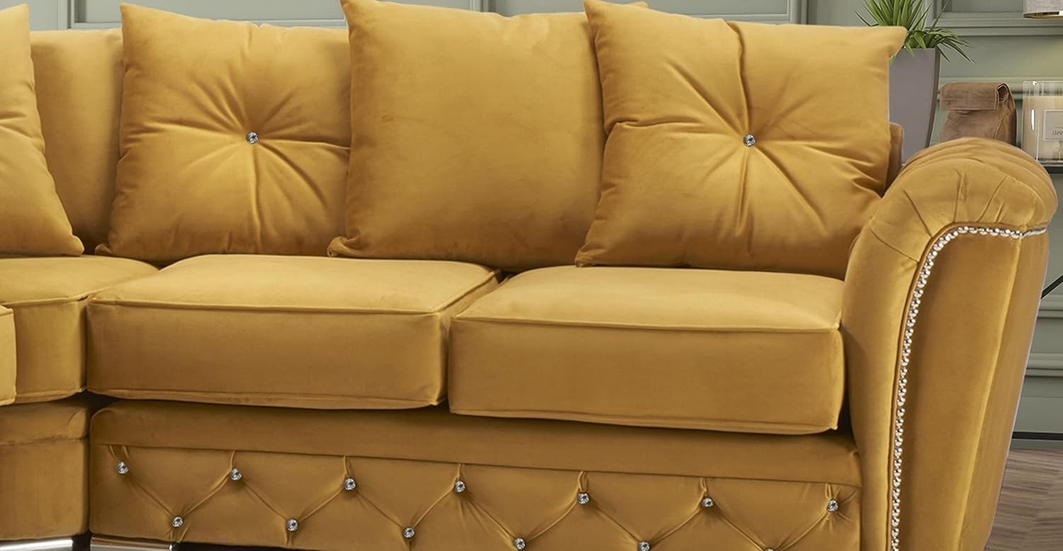 Luxury Chesterfield Mustard Plush 5 Seater Corner Sofa Studded Arms L-Shape
